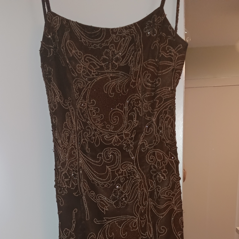 Mia Bellas chocolate Brow beaded evening gown